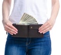 Woman holding in hand money dollars wallet Royalty Free Stock Photo