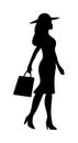 Woman holding handbag. People walking silhouette. Vector black flat icon Royalty Free Stock Photo