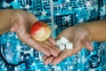 Woman holding in hands apple and sugar cubes. Female choose between fruit is healthy food and sweet is unhealthy junk foods Royalty Free Stock Photo