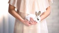 Woman holding in hands cute white bunny, take animal from shelter social program