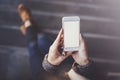 Woman holding hands smartphone and texting message.Female hands using mobile phone.Closeup on blurred background.Flares Royalty Free Stock Photo