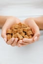 Woman Holding In Hands Sugar Cubes. Royalty Free Stock Photo