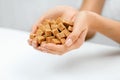 Woman Holding In Hands Sugar Cubes. Royalty Free Stock Photo