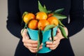 Woman holding in hands tangerines or mandarins with green leaves, vintage style.