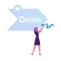 Woman Holding in Hands Various Social Media Icons front of Arrow with Desire Typography One of Step AIDA Model