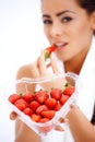 Woman holding heart shaped box of strawberries Royalty Free Stock Photo