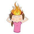 Woman is holding her burning head. Flames instead of brain. Overwork or headache concept.