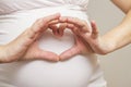 Woman holding her hands in a heart shape on her pregnant belly. Pregnant Belly with fingers Heart symbol. Maternity concept Royalty Free Stock Photo