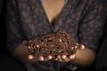 Woman holding in her hands a home made black bread from chocolate and nuts Royalty Free Stock Photo