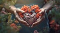 Woman is holding her hands open and clasping them around an imaginary heart. The heart has red petals on it, giving it Royalty Free Stock Photo