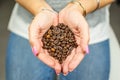 Woman holding in her hands roasted coffee beans with great aroma.