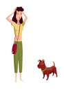 Woman holding her head with hands. Problem of pet dog owner, bad domestic animal behavior vector illustration