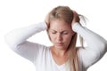 Woman holding her head isolated on white background. headache.