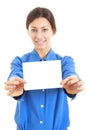 Woman holding her large blank visiting card with both hands Royalty Free Stock Photo