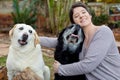 A woman holding her two Labrador dogs in a garden. Royalty Free Stock Photo