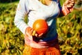 Woman holding hokaido pumpkin in organic permaculture garden