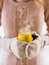 Woman holding hot steaming coffee cup close up photo Royalty Free Stock Photo