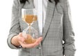 Woman holding hourglass on white background. Time management concept Royalty Free Stock Photo