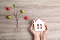 Woman holding house model near drawing Royalty Free Stock Photo