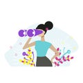 Woman holding huge binocular and looking far ahead. Vector illustration for observation, discovery, future concept. Flat vector