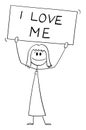 Woman Holding I Love Me Sign, Self-Love or Selflove Concept , Vector Cartoon Stick Figure Illustration Royalty Free Stock Photo