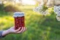 Preserved cherry compote in female hand Royalty Free Stock Photo