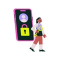 Woman Holding Key Next To Smartphone In Flat Vector Illustration Symbolizing Digital Security, Privacy Access, And Data