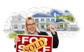 Woman Holding Keys, Sold Sign Over House Photo and Drawing Royalty Free Stock Photo