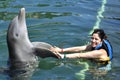 Woman holding a kiss from a dolphin. Royalty Free Stock Photo