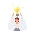 woman holding a large light bulbs in her hands. A big idea concept. Flat vector cartoon character illustration Royalty Free Stock Photo