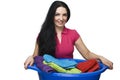 Woman holding laundry basket with towels Royalty Free Stock Photo