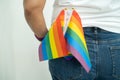 Woman holding LGBT rainbow colorful flag, symbol of lesbian, gay, bisexual, transgender, human rights, tolerance and peace