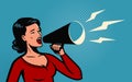 Woman holding a loudspeaker shouts announcing. Business concept. Megaphone vector illustration