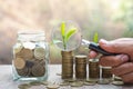 Woman  holding magnifying glass with coin and tree growing. coins business growth.Hand holding magnifying glass with Money growing Royalty Free Stock Photo