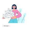 The woman is holding mail envelopes in her hands. Business woman illustration. Workflow as new email, mail notification