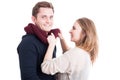 Woman holding man's autumn casual conforter