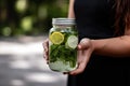 a woman holding a jar of infused water with lemon. Generative Ai