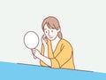 Woman holding mirror on her hand touch face simple korean style illustration