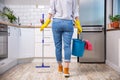 Woman holding mop and bucket with cleaning agents at home Royalty Free Stock Photo