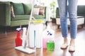 Woman holding mop and plastic bucket Royalty Free Stock Photo