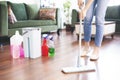 Woman holding mop and plastic bucket Royalty Free Stock Photo