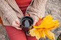 Woman holding mug of coffee in the hands outdoor. Beautiful woman drinking coffee in autumn park Royalty Free Stock Photo