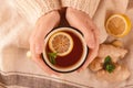 Woman holding mug of hot lemon tea with ginger, top view