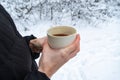 Woman holding mug with hot steaming tea in hands in winter forest Royalty Free Stock Photo