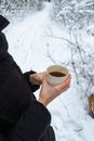 Woman holding mug with hot steaming tea in hands in winter forest Royalty Free Stock Photo