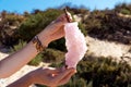 Woman holding natural pink salt crystals in hands. Scenic Pink Lake Hutt Lagoon, WA Royalty Free Stock Photo