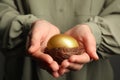 Woman holding nest with shiny golden egg, closeup Royalty Free Stock Photo