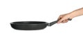 Woman holding new clean frying pan on white background Royalty Free Stock Photo
