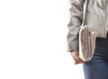 Woman holding newspaper on white background Royalty Free Stock Photo