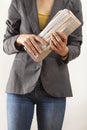 Woman holding newspaper on white background Royalty Free Stock Photo